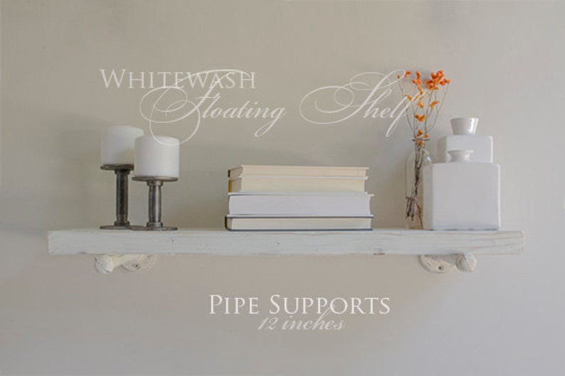Farmhouse Whitewash Floating Shelf Pipe Supports White Image 0