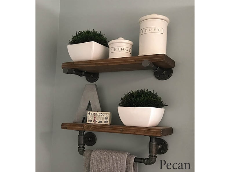 Set Of 2 Bathroom Floating Shelves Wood Shelf Farmhouse Decor Wooden Wall Towel Bar Pipe Rack