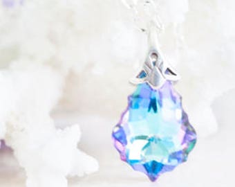Pendant Heart Necklace, Crystal Vitrail Light Crystal AB Swarovski Baroque Pendant, Sterling Silver Necklace, Aurora Borealis, Elegant