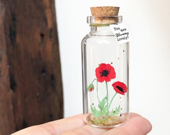Poppy Message in a Bottle, Personalized Floral Gifts for Her, Sister, Daughter, Mom, August Birth Flower, Meaningful Red Poppies, Miniature