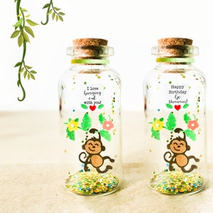 Fiole message, Carte Anniversaire Petit Singe, Cadeau personnalisé pour femme, homme, Amitié, Amour, Petite bouteille en verre, Miniature