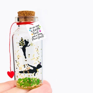 Fiole Message Peter Pan, Fée Clochette, Cadeau Magique personnalisé pour envoyer vos Voeux Anniversaire, Porte bonheur, Papier Miniature