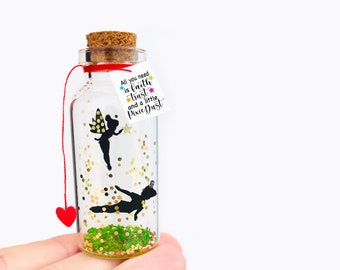 Peter Pan Gift, Message in Bottle, Personalized Magical Present for Best Friend, Tinkerbell Birthday Card, Tiny Fairy World Jar, Think Happy