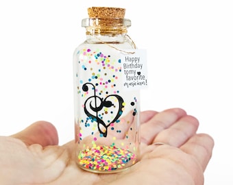 Personalized Musician Gift Message in a Bottle, Tiny Treble Bass Clef Heart for Music Teacher, Birthday Music Themed Note in a Jar, Keepsake