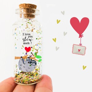 Fiole message Paresseux, Cadeau personnalisé Couple, Saint Valentin, Anniversaire, Carte Bouteille, Message Amour, Porte bonheur en verre