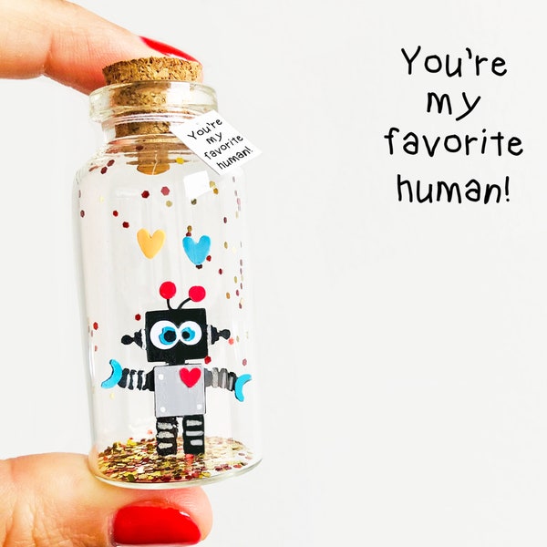 Fiole Message Robot, Cadeau personnalisé pour Homme, Saint Valentin pour Lui, Petit Ami, Amitié, Porte bonheur, Carte Amour Humour