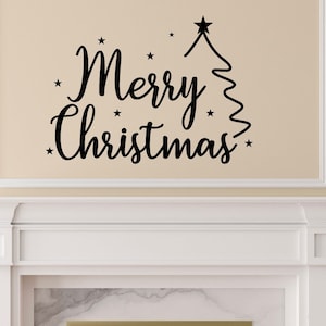 Merry Christmas with Tree and Stars Holiday Vinyl Lettering Wall Decal Sticker Home Decor Front Door Christmas Decals Sticker Home