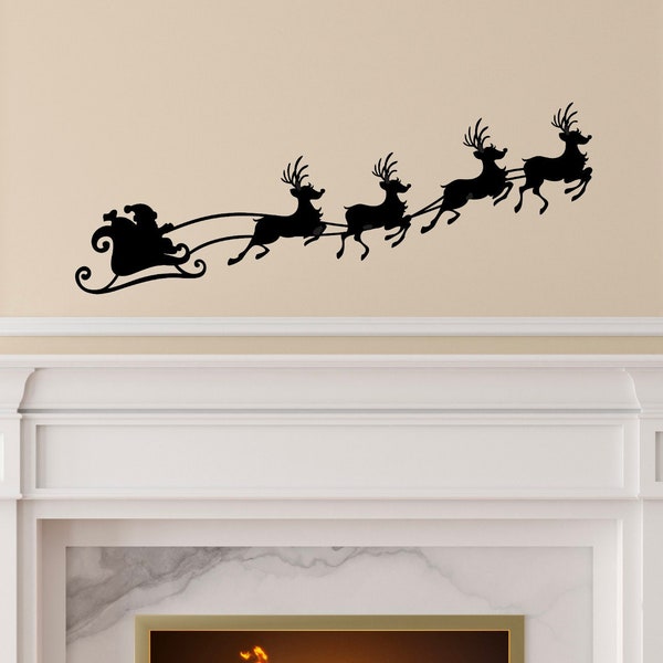 Santa's Sleigh With Reindeer Silhouette Vinyl Wall Decal Rudolph Christmas Wall Decal Christmas Decals Sticker Home Decor Holiday Decals