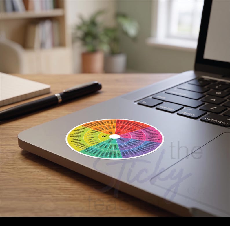 May include: A circular sticker featuring a colorful emotion wheel chart with a white center. The wheel is divided into segments of yellow, orange, red, pink, purple, blue, and green, each containing various emotion labels radiating from the center.