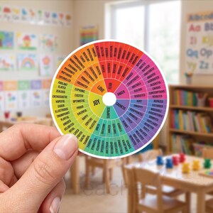 May include: A circular sticker featuring a colorful emotion wheel divided into segments labeled with various feelings. The center displays core emotions like love, fear, anger, sadness, surprise, and joy, radiating outward into specific descriptive terms.