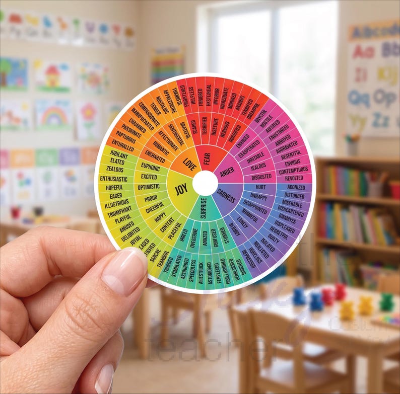 May include: A circular sticker featuring a colorful emotion wheel divided into segments labeled with various feelings. The center displays core emotions like love, fear, anger, sadness, surprise, and joy, radiating outward into specific descriptive terms.