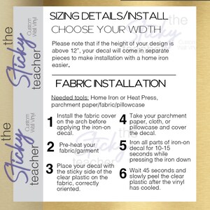 Puede incluir: Un gr&aacute;fico instructivo beige y blanco de "the Sticky teacher" que detalla los pasos de instalaci&oacute;n de la tela para las calcoman&iacute;as termoadhesivas. El texto incluye instrucciones para precalentar la tela, aplicar la calcoman&iacute;a y pelar el pl&aacute;stico. El gr&aacute;fico tambi&eacute;n proporciona detalles de tama&ntilde;o.