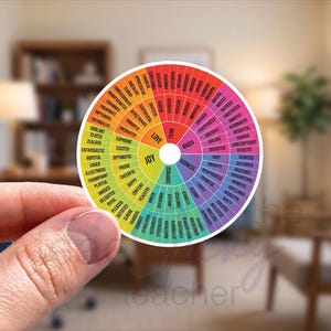 May include: A circular sticker featuring a colorful emotion wheel chart. The design is divided into segments radiating from a center hole, displaying various feelings categorized under primary emotions like love, fear, anger, sadness, and joy.