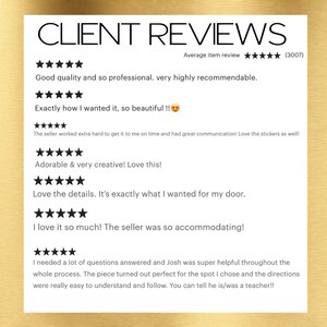 Puede incluir: Una hoja blanca con el t&iacute;tulo "CLIENT REVIEWS" y rese&ntilde;as de clientes positivas con valoraciones por estrellas. Los comentarios destacan la calidad, la creatividad y la atenci&oacute;n del vendedor.