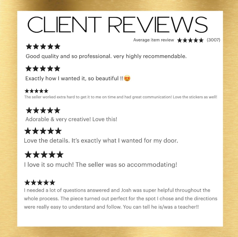 Puede incluir: Una hoja blanca con el t&iacute;tulo "CLIENT REVIEWS" y rese&ntilde;as de clientes positivas con valoraciones por estrellas. Los comentarios destacan la calidad, la creatividad y la atenci&oacute;n del vendedor.