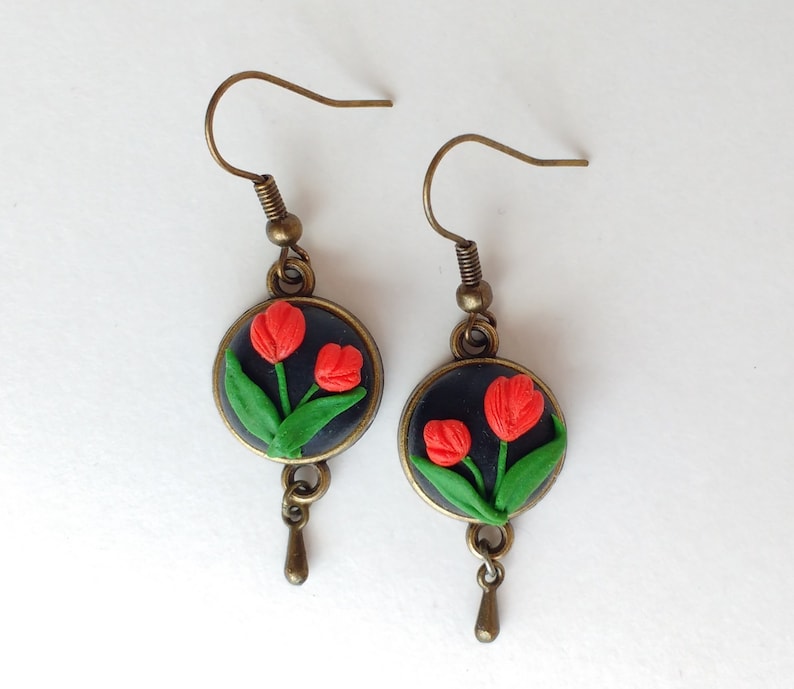 Polymer clay Embroidery Earrings Tulips Floral earrings Hand Etsy