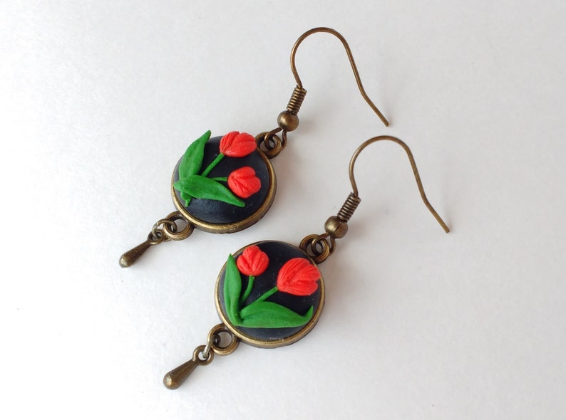 Polymer clay Embroidery Earrings Tulips Floral earrings Hand Etsy