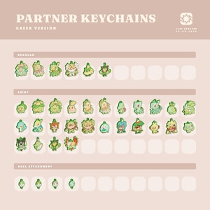 May include: A collection of green-themed character keychains organized on a chart labeled PARTNER KEYCHAINS GREEN VERSION. The display includes rows for regular and shiny variants, plus a row for ball attachment keychains, all in shades of green.