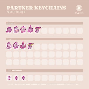 May include: A digital chart titled Partner Keychains Purple Version displaying rows of purple-themed character keychains categorized as Regular, Shiny, and Ball Attachment, with an artist's note regarding delayed corrections.