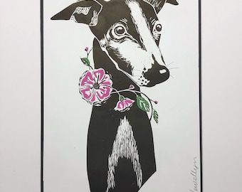 Hand printed whippet/greyhound linocut