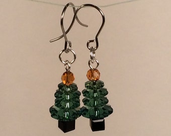 Crystal Christmas Tree Earrings Erinite, Topaz and Jet