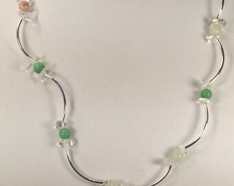 Short Single Strand Necklace with Curved Silver Tubes, Glass Nuggets and Multi-Colored Round Beads