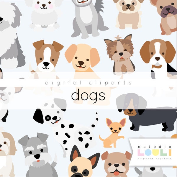 dogs cliparts Dalmatian, pug, bulldog, dachshund, labrador, cute puppy cliparts