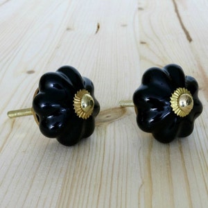May include: Two black ceramic cabinet knobs with a gold accent. The knobs have a scalloped design.