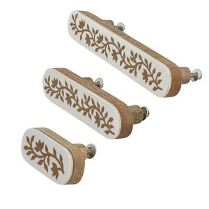 May include: Three rectangular wooden drawer pulls of varying lengths, each featuring rounded corners and a white inlay surface. A brown floral vine pattern is printed on the white inlay. Each pull includes a metal bolt and washer for mounting.