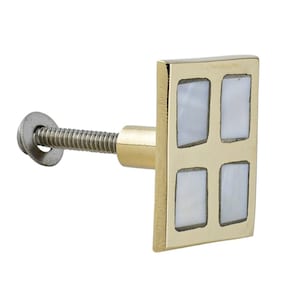 May include: A square cabinet knob with a brass finish and four white mother-of-pearl insets.