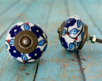 Ceramic Cabinet Knob with a Blue Floral attern