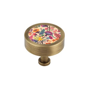 May include: A round, antique brass cabinet knob with a floral design. The knob has a cream background with colorful flowers and leaves.