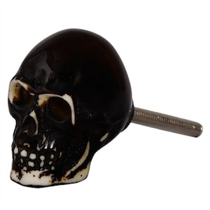 May include: Black skull-shaped cabinet knob with white detailing. The knob has a silver screw.