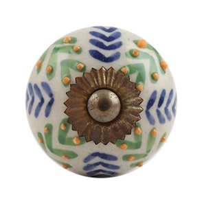 Floral Ceramic Drawer Knob with Leaf Pattern Blue & Green Leaf