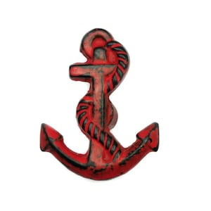May include: Red metal anchor with a black rope design. The anchor is a nautical themed decorative item.