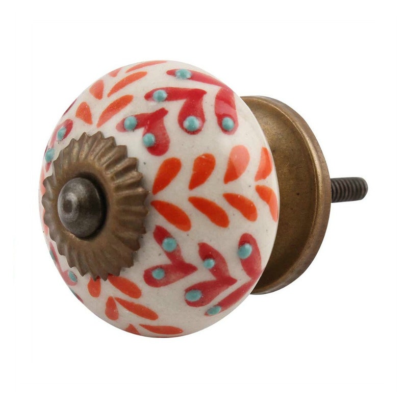 Floral Ceramic Drawer Knob with Leaf Pattern Orange & Red Leaf