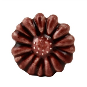 May include: A dark brown ceramic flower-shaped knob with a raised center and white dots.