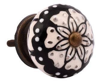 Ceramic Cabinet Knob with Black Floral Design