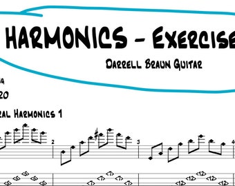 May include: A guitar tab sheet titled "Harmonics - Exercise Sheet" by Darrell Braun Guitar. The sheet music includes a standard tuning key signature, a tempo marking of J = 120, and the title "Natural Harmonics 1". The sheet music includes a guitar tab for a single line of music with a series of notes and fret numbers.
