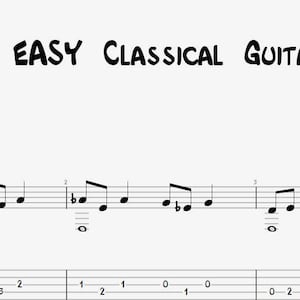 Puede incluir: Una página de partitura musical con el título "3 EASY CLASSICAL GUITAR SONGS!" y una tablatura de guitarra para una canción titulada "DROPPED D".