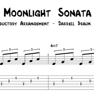 Puede incluir: Una partitura de música de tablatura de guitarra para la Sonata Claro de Luna de Beethoven. La partitura incluye el título "Sonata Claro de Luna", el nombre del compositor "Beethoven" y las palabras "Arreglo introductorio - Darrell Braun Guitar". La tablatura incluye los acordes Am y Am7.