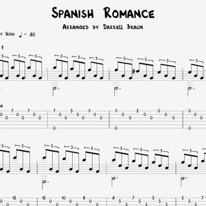 May include: A sheet music score for guitar titled "Spanish Romance" arranged by Darrell Braun. The score includes musical notation and guitar tablature for the song.