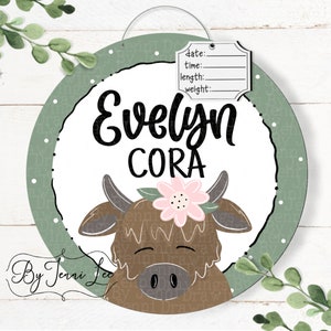 Highland Cow Hospital Birth Announcement Door Hanger, Sunflower Nursery Name Sign, Birth Stats Sign, Hospital Door Wreath Birth Announcement