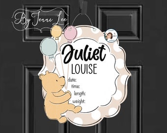 Classic Pooh Bear Hospital Birth Announcement Door Hanger, Baby Girl Nursery Sign, Birth Stats Sign, Hospital Door Sign, Birth Announcement