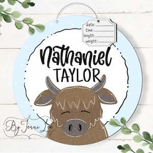 Highland Cow Baby Door Hanger, Hospital Door Sign, Baby Boy Highland Cow Birth Announcement, Nursery Sign, Birth Stats Sign