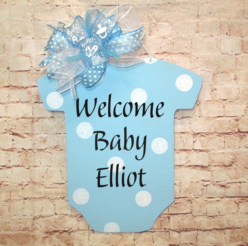 Welcome Baby Boy Wood Door Hanger Wreath Shower Image 0
