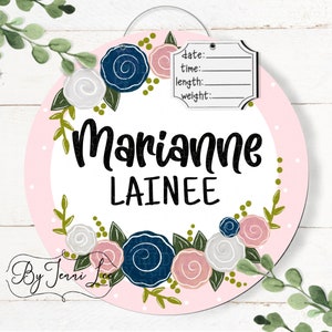 Floral Hospital Door Hanger, Nursery Birth Announcement, Navy and Pink Birth Stats Sign, Newborn Name Sign, Personalized Birth Announcement