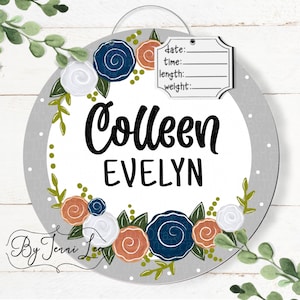 Floral Hospital Door Hanger, Nursery Name Sign Birth Announcement, Navy Birth Stats Sign, Newborn Name Sign, Personalized Birth Announcement