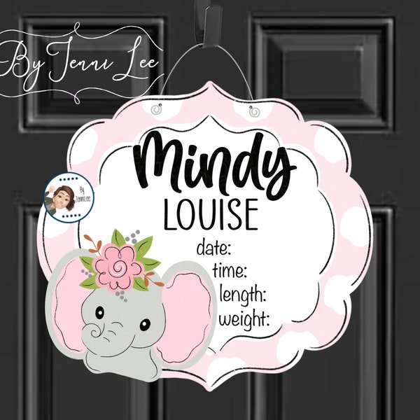 Baby Girl Flower Elephant Hospital Birth Announcement Door Hanger, Elephant Nursery Name Sign, Birth Stats Sign, Hospital Birth Announcement