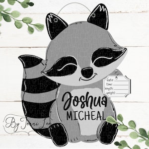 Baby Boy Raccoon Hospital Birth Announcement Door Hanger, Woodland Animals Nursery, Birth Stats Sign, Hospital Door Birth Announcement Sign